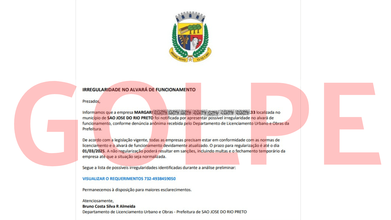 Prefeitura alerta sobre falsa cobrança de alvará em Rio Preto