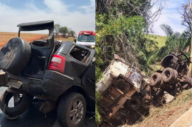 Acidente entre carros e caminhão deixa dois mortos em Olímpia