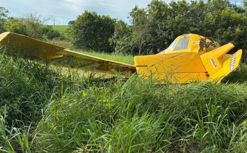 Avião agrícola faz pouso forçado em área de vegetação no interior de SP