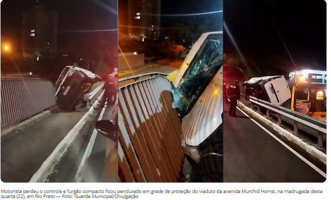 Motorista perde controle de veículo furgão e fica pendurado em grade de viaduto de Rio Preto