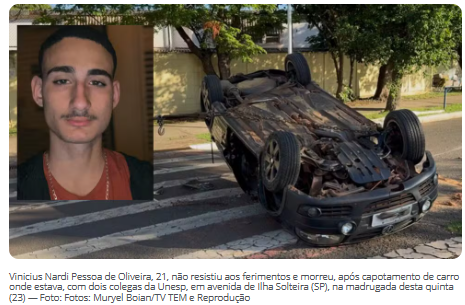 Estudantes saem de bar, capotam carro e um deles morre em Ilha Solteira