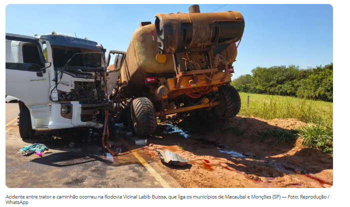 Acidente entre trator e caminhão causa vazamento de óleo diesel em estrada vicinal