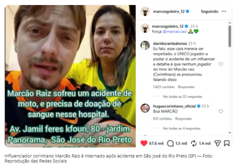 Influenciador corintiano permanece entubado após batida entre moto e ônibus em Rio Preto