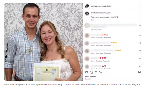 Esposa posta foto que fez em rodeio horas antes de peão morrer pisoteado por touro: ‘Mal eu sabia que seria nossa última’