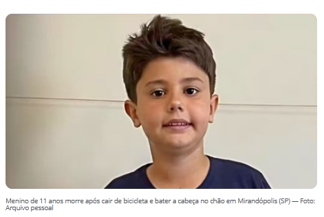 Menino morre ao cair de bicicleta e bater a cabeça no chão em Mirandópolis