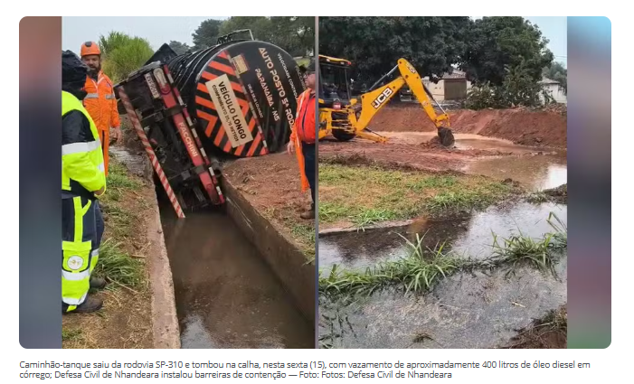 Caminhão-tanque tomba em rodovia e 400 litros de óleo vazam para córrego em Nhandeara