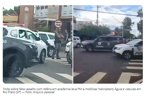 Trote sobre falso assalto com reféns em academia mobiliza helicóptero e viaturas da polícia