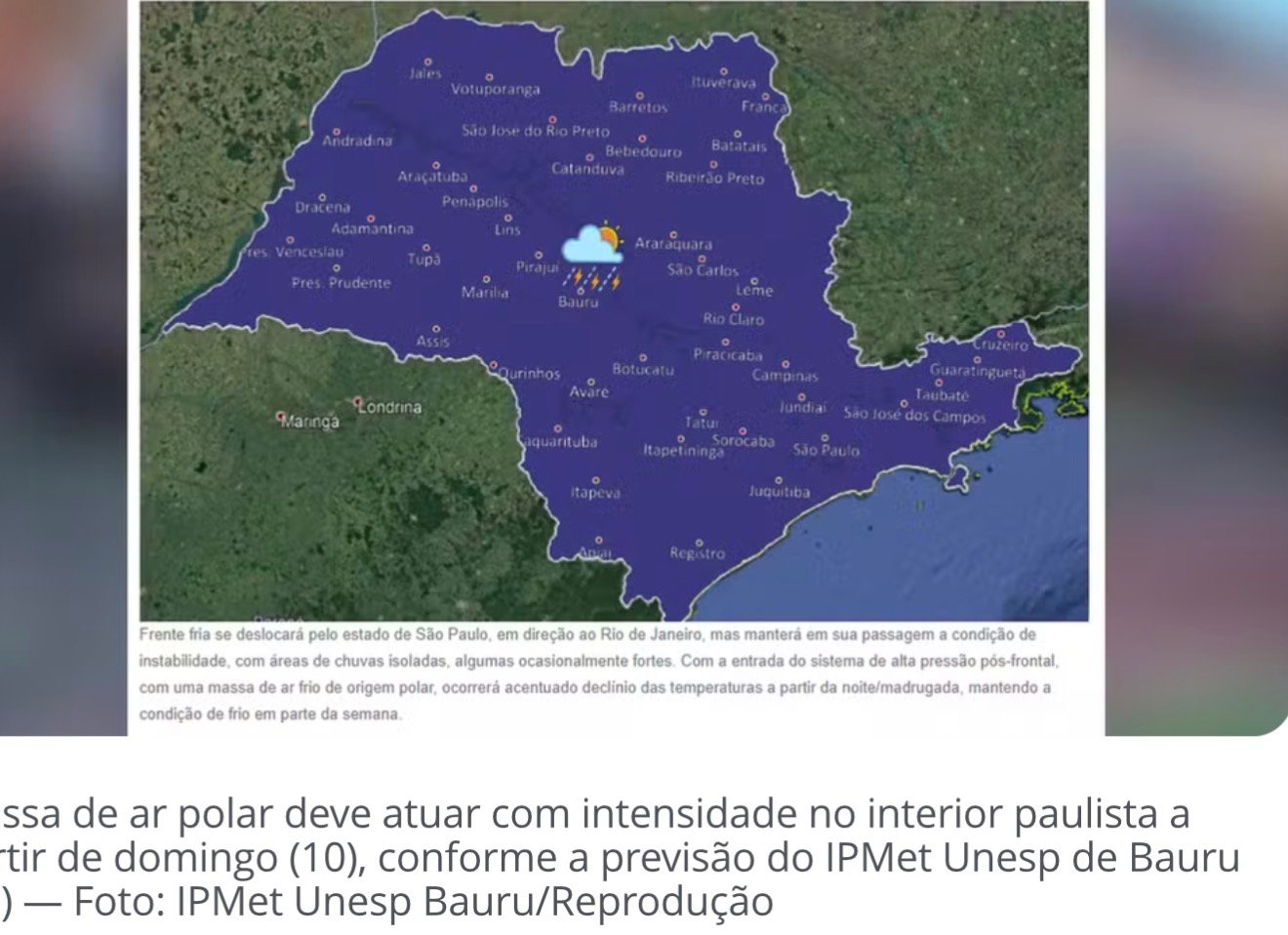 Massa de ar polar deve derrubar temperaturas na região; mínima pode chegar a 9°C