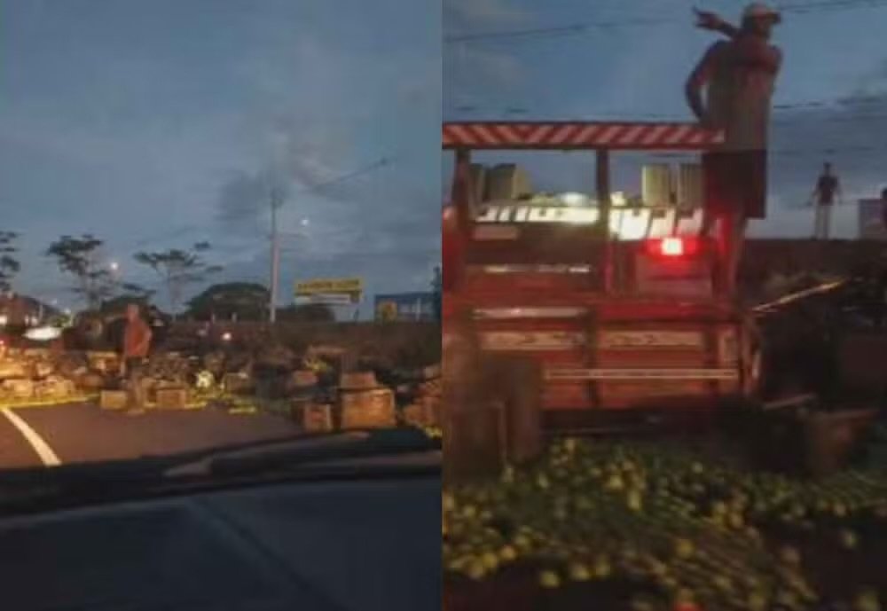 Caminhão carregado de laranja tomba e interdita Rodovia em Mirassol