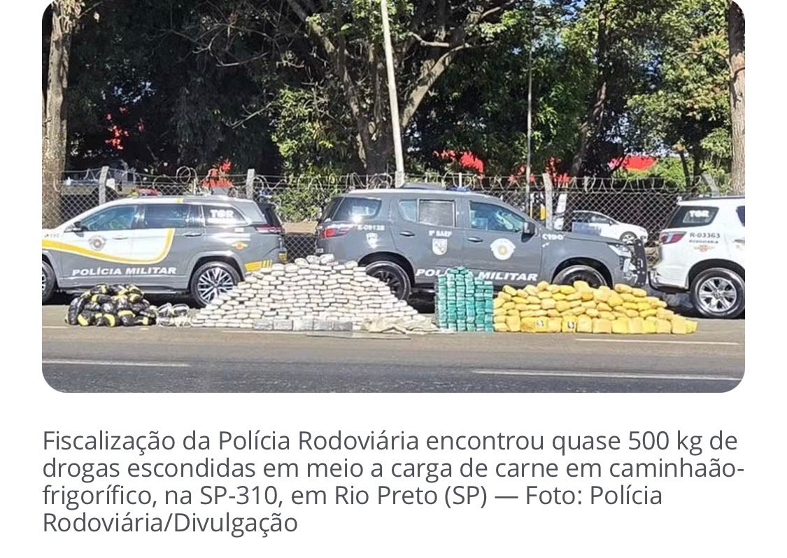 Polícia apreende quase meia tonelada de drogas em carga de carne em caminhão em Rio Preto