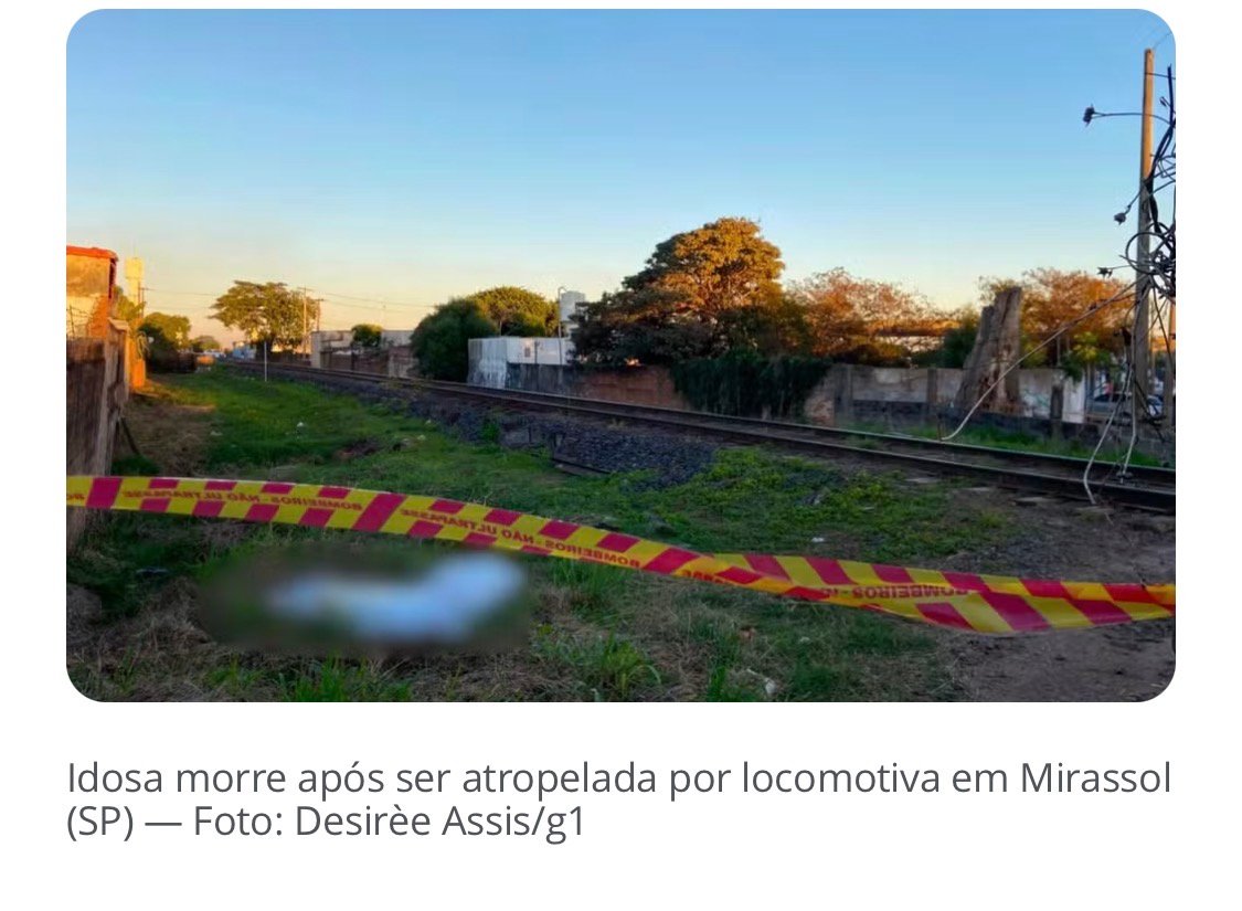 Idosa morre após ser atropelada por trem em Mirassol
