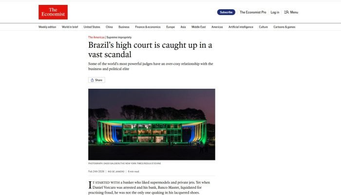 Revista britânica aponta Supremo como "intransigente" e relata polêmicas envolvendo Toffoli e M...
