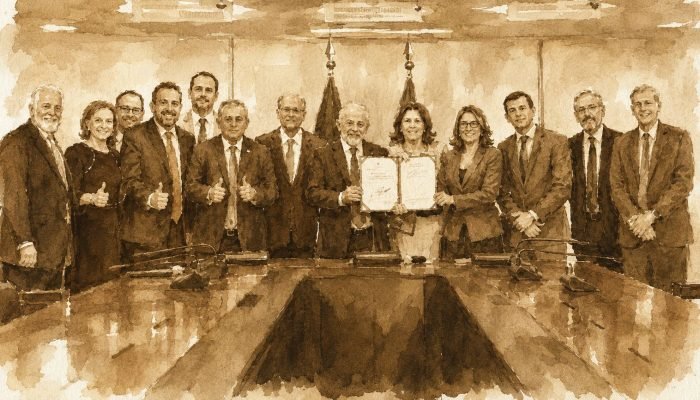 O presidente Lula (ao centro) durante assinatura da MP que acaba com a taxa das blusinhas. (Foto:...